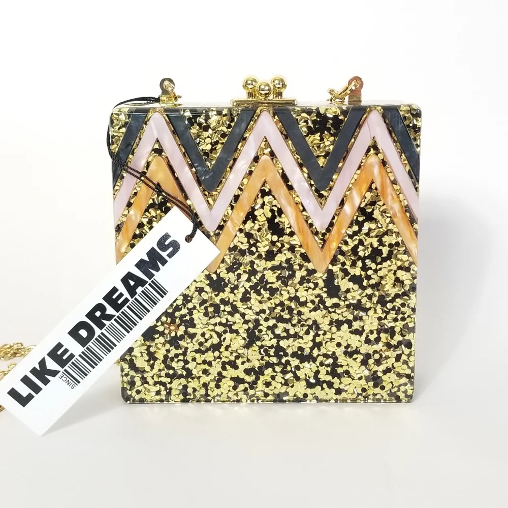 LIKE DREAMS Alexa Confetti Glitter Acrylic Purse Clutch Gold Black Crossbody New